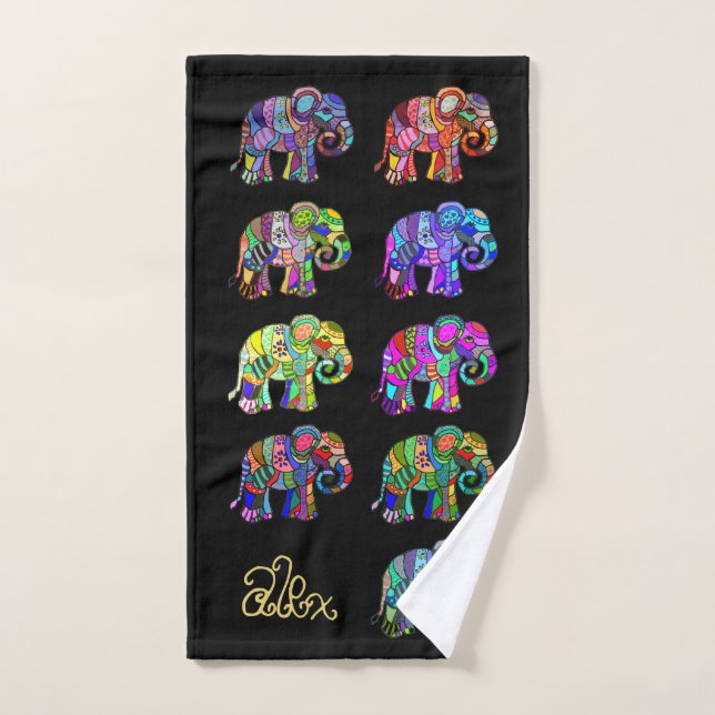 Name/Monogram Elegant Black Elephant Lover's Hand Towel (Hand Towel)