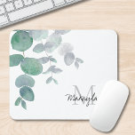 Name Monogram Eucalyptus Greenery Mouse Pad<br><div class="desc">This botanical mouse pad features watercolor eucalyptus greenery in soft shades of green on a white background.
Customise it with your name and monogram.
Original Watercolor © Michele Davies.</div>