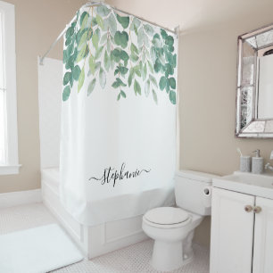 Name Monogram Eucalyptus Greenery Shower Curtain