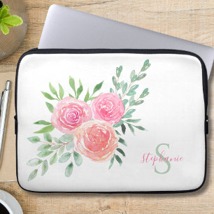 Name Monogram Floral Watercolor Laptop Sleeve
