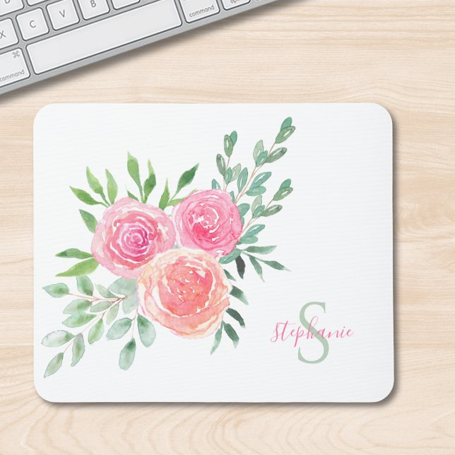 Name Monogram Floral Watercolor Mouse Pad (Creator Uploaded)