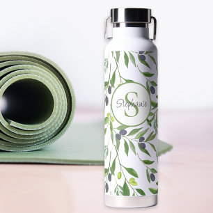 Name Monogram French Country Olive Pattern Water Bottle
