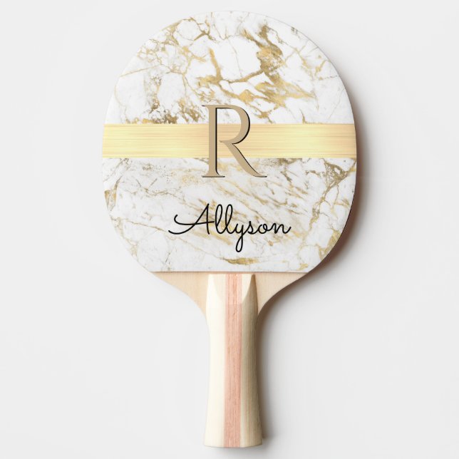 Name & Monogram, Gold Bar, White & Gold Marble Ping Pong Paddle (Front)