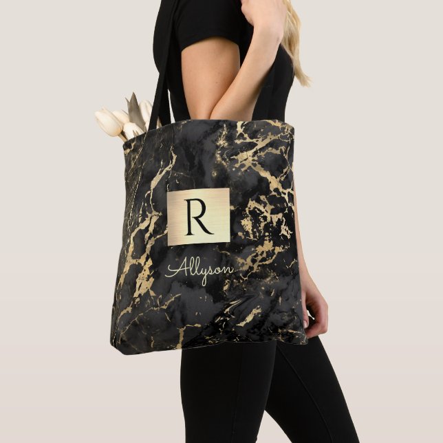 Name & Monogram, Gold Box, Black & Gold Marble Tote Bag (Close Up)