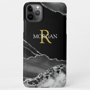 Name & Monogram, Grey Black Agate, Gold White Text iPhone 11Pro Max Case