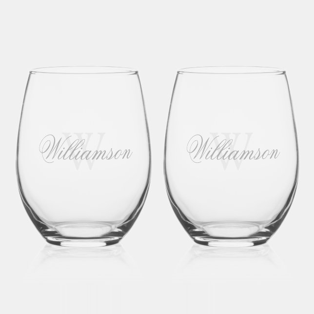 Name & Monogram in Greys Stemless Wine Glass (Front)
