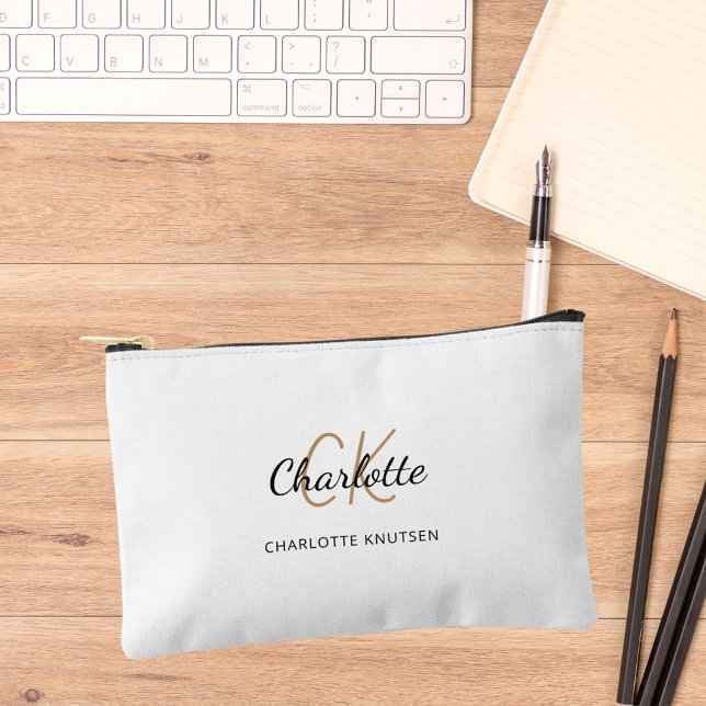 Name monogram initials white black accessory pouch (Creator Uploaded)