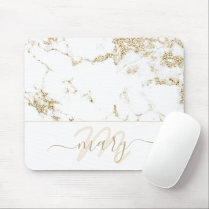 Name Monogram Marble Gold Elegant White Abstract Mouse Pad