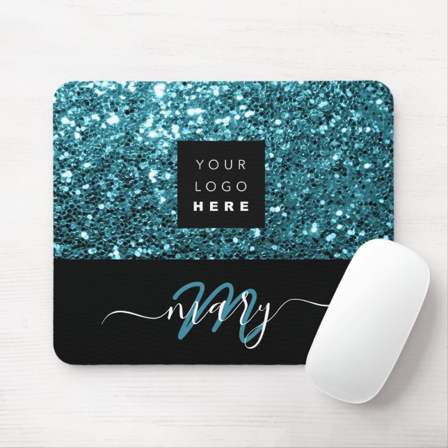 Name Monogram Minimal Blue Glitter Logo Mouse Pad (With Mouse)