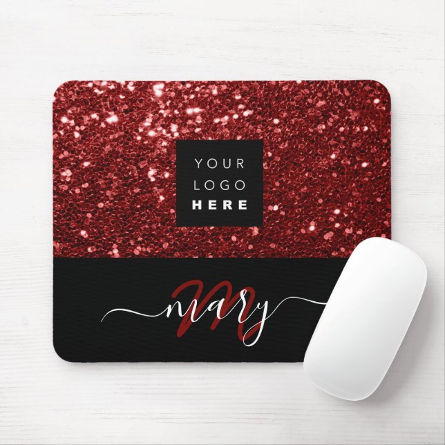 Name Monogram Minimal Burgundy  Glitter Logo Mouse Pad (With Mouse)