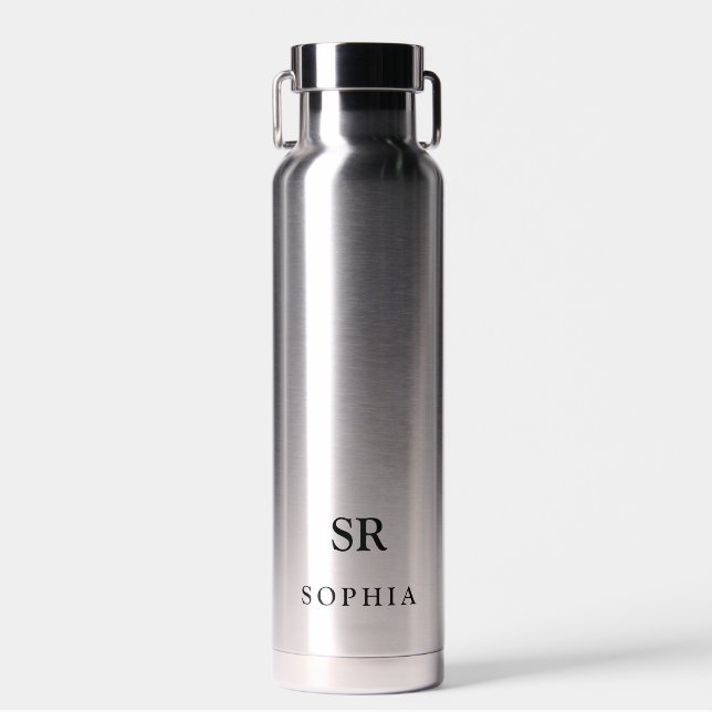 Name Monogram Modern Silver Black Water Bottle (Front)