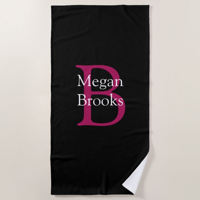 Name & Monogram on Black Beach Towel (Front)