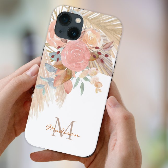 Name Monogram Pampas Grass Blush Pink Floral  Case-Mate iPhone Case (Creator Uploaded)