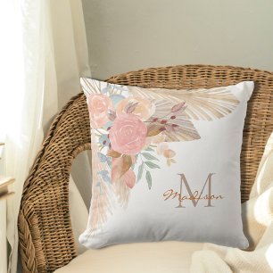 Name Monogram Pampas Grass Blush Pink Floral  Cushion
