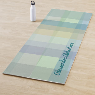 Name Monogram Pastel Plaid Teal Green Tartan Yoga Mat
