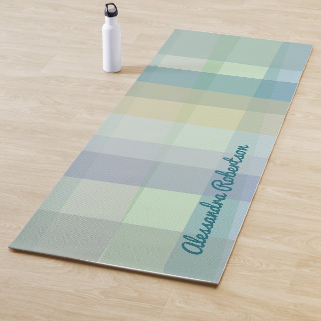 Name Monogram Pastel Plaid Teal Green Tartan Yoga Mat (In Situ)