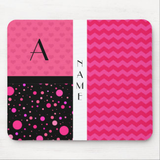 Name & Monogram pink chevrons polka dots Mouse Pad