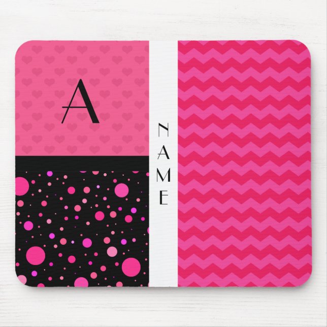 Name & Monogram pink chevrons polka dots Mouse Pad (Front)