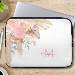 Name Monogram Pink Floral Laptop Sleeve