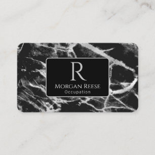 Name & Monogram, QR Code, Black & Grey Marble Business Card