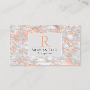 Name & Monogram, QR Code, Grey & Rose Gold Marble Business Card