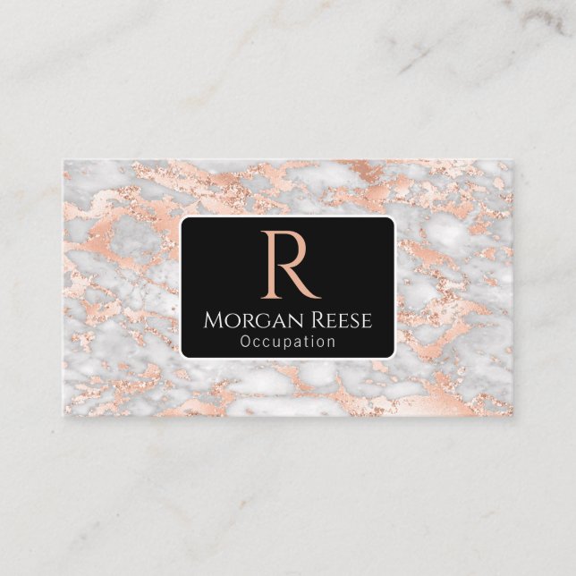 Name/Monogram, QR Code, Grey/Rose Gold Marble, Vs3 Business Card (Front)