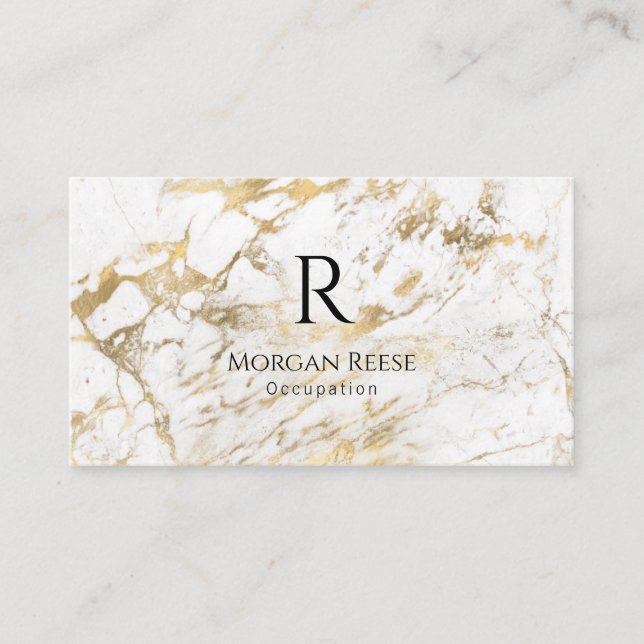 Name & Monogram, QR code, White & Gold Marble Vs 6 Business Card (Front)