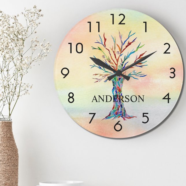 Name Monogram Rainbow Tree Large Clock (Creator Uploaded)