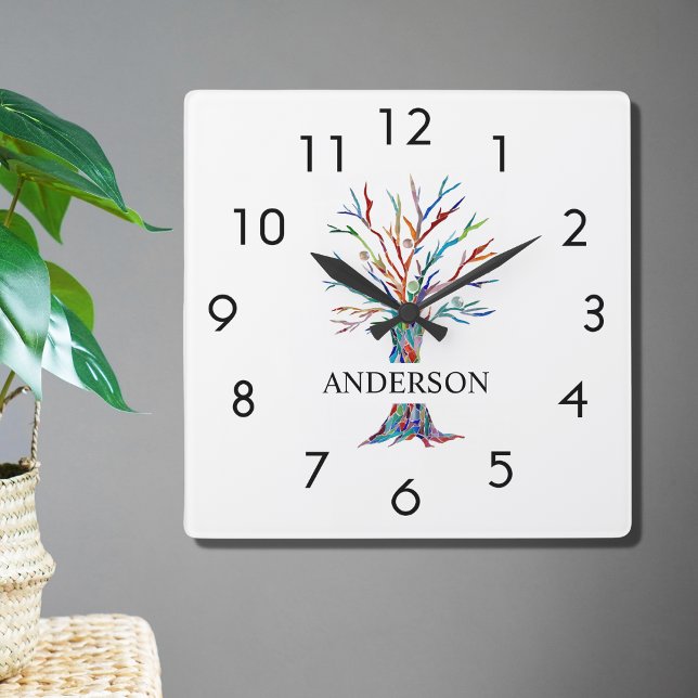 Name Monogram Rainbow Tree Square Wall Clock (Creator Uploaded)