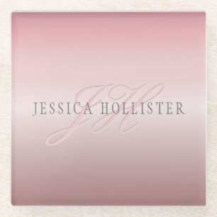 Name & Monogram   Soft FAUX Rose Gold Blush Glass Coaster