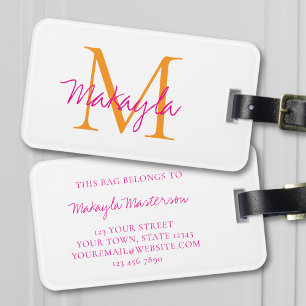 Name Monogram Stylish Pink Script  Luggage Tag