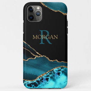 Name & Monogram Teal Black Agate, Gold DkTeal Text Case-Mate iPhone Case
