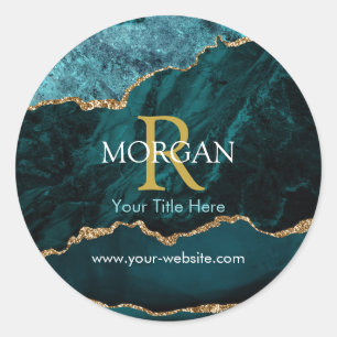 Name & Monogram, Teal Black Agate, Gold White Text Classic Round Sticker