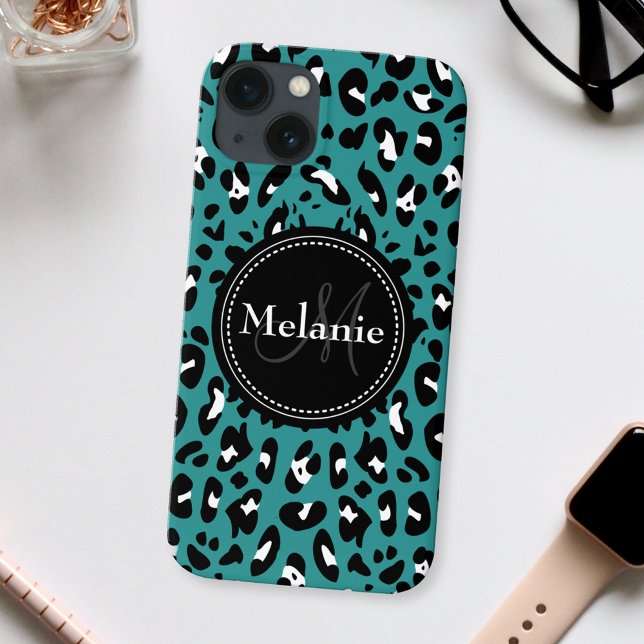 Name Monogram Teal Black White Leopard Pattern iPhone Case (Creator Uploaded)