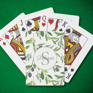 Name Monogram Watercolor Olive Pattern Playing Cards