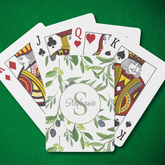 Name Monogram Watercolor Olive Pattern Playing Cards (Creator Uploaded)