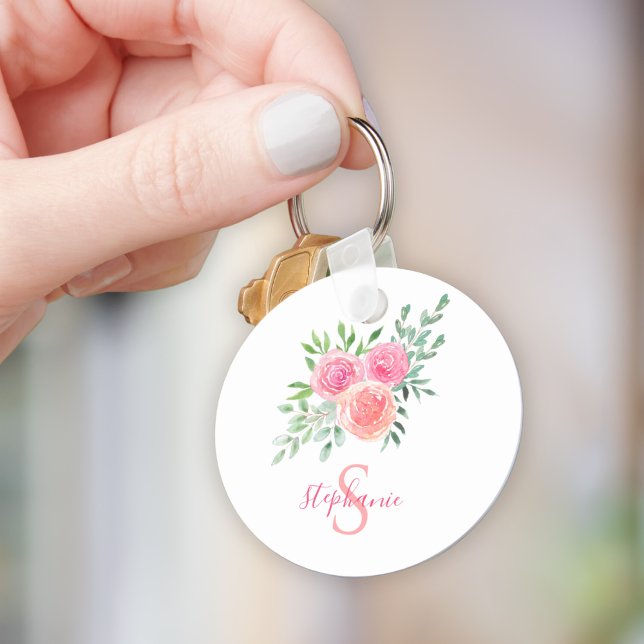 Name Monogram Watercolor Pink Floral Key Ring (Creator Uploaded)