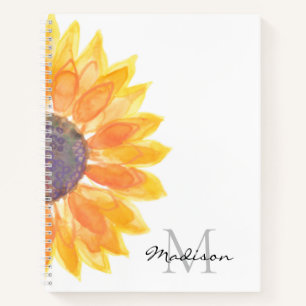 Name Monogram Watercolor Sunflower  Notebook