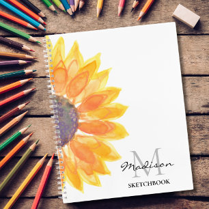 Name Monogram Watercolor Sunflower Sketchbook Notebook