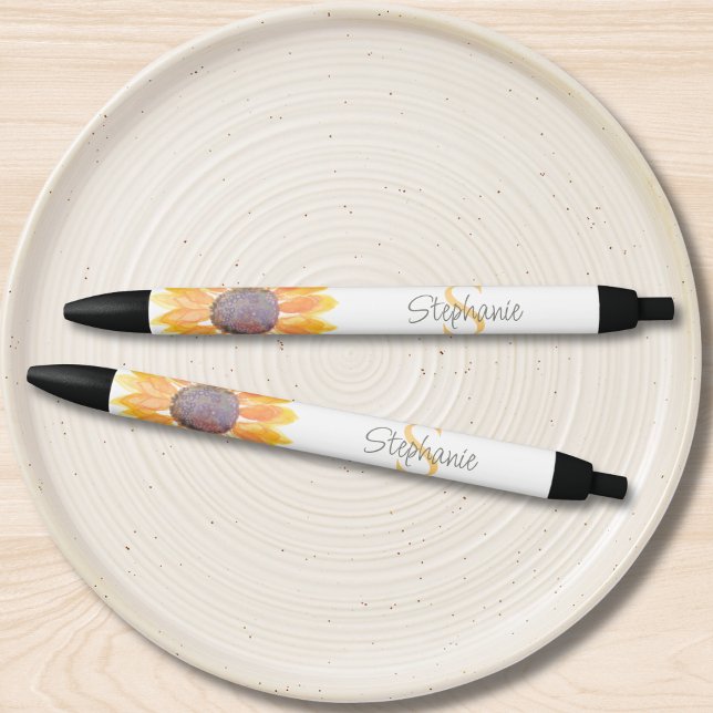 Name Monogram Yellow Sunflower Black Ink Pen (Creator Uploaded)