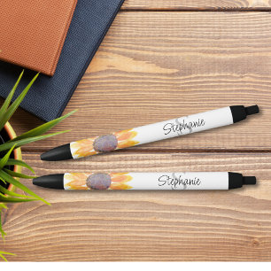Name Monogram Yellow Sunflower Black Ink Pen