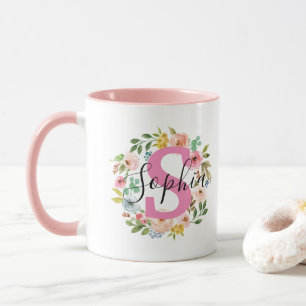 Name Mug Initial Floral Wreath Custom Gift For Her
