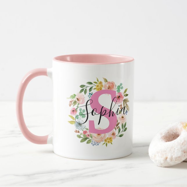Name Mug Initial Floral Wreath Custom Gift For Her (With Donut)