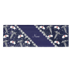 Name navy blue glitter nurse hats silver caduceus name tag