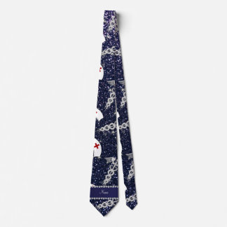 Name navy blue glitter nurse hats silver caduceus tie