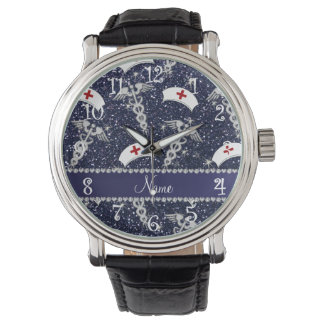Name navy blue glitter nurse hats silver caduceus watch