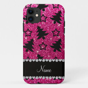 Name neon hot pink glitter christmas trees stars Case-Mate iPhone case