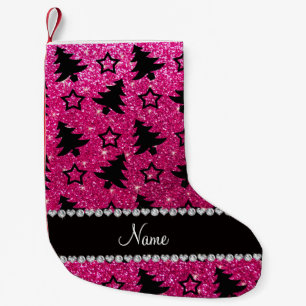 Name neon hot pink glitter christmas trees stars small christmas stocking