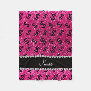 Name neon hot pink glitter dollar signs fleece blanket