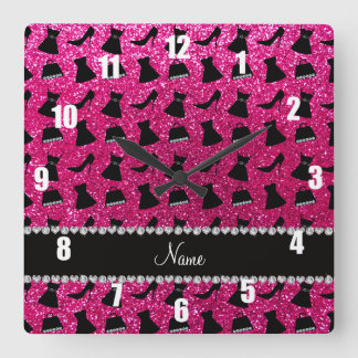 Name neon hot pink glitter high heels dress purses square wall clock